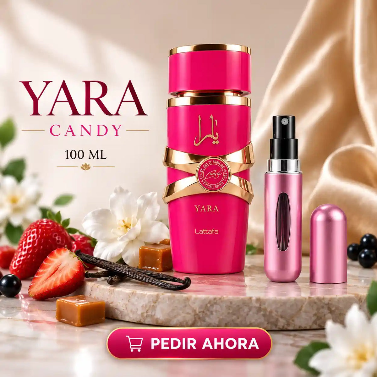 YARA CANDY DE LATTAFA + UN PERFUMERO RECARGABLE (DAMA)
