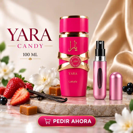 YARA CANDY DE LATTAFA + UN PERFUMERO RECARGABLE (DAMA)