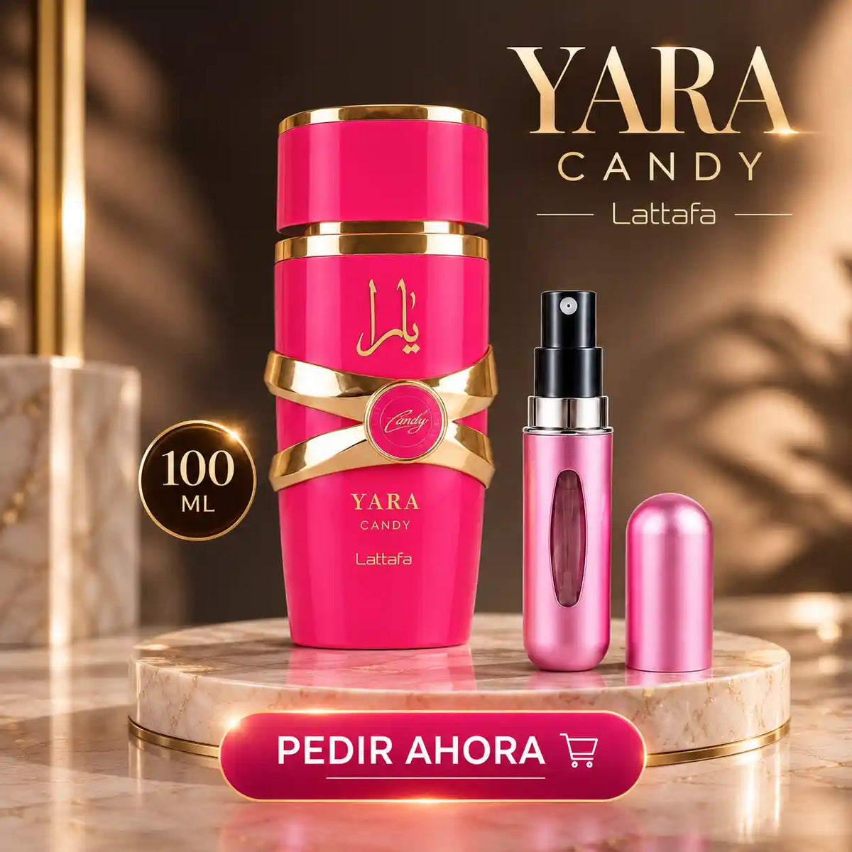 YARA CANDY DE LATTAFA + UN PERFUMERO RECARGABLE (DAMA)