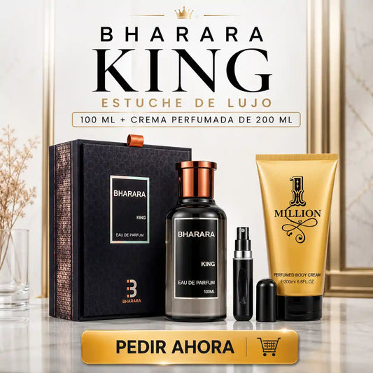 BHARARA KING ESTUCHE DE LUJO 100 ML + CREMA PERFUMADA DE 200 ML Y UN PERFUMERO RECARGABLE