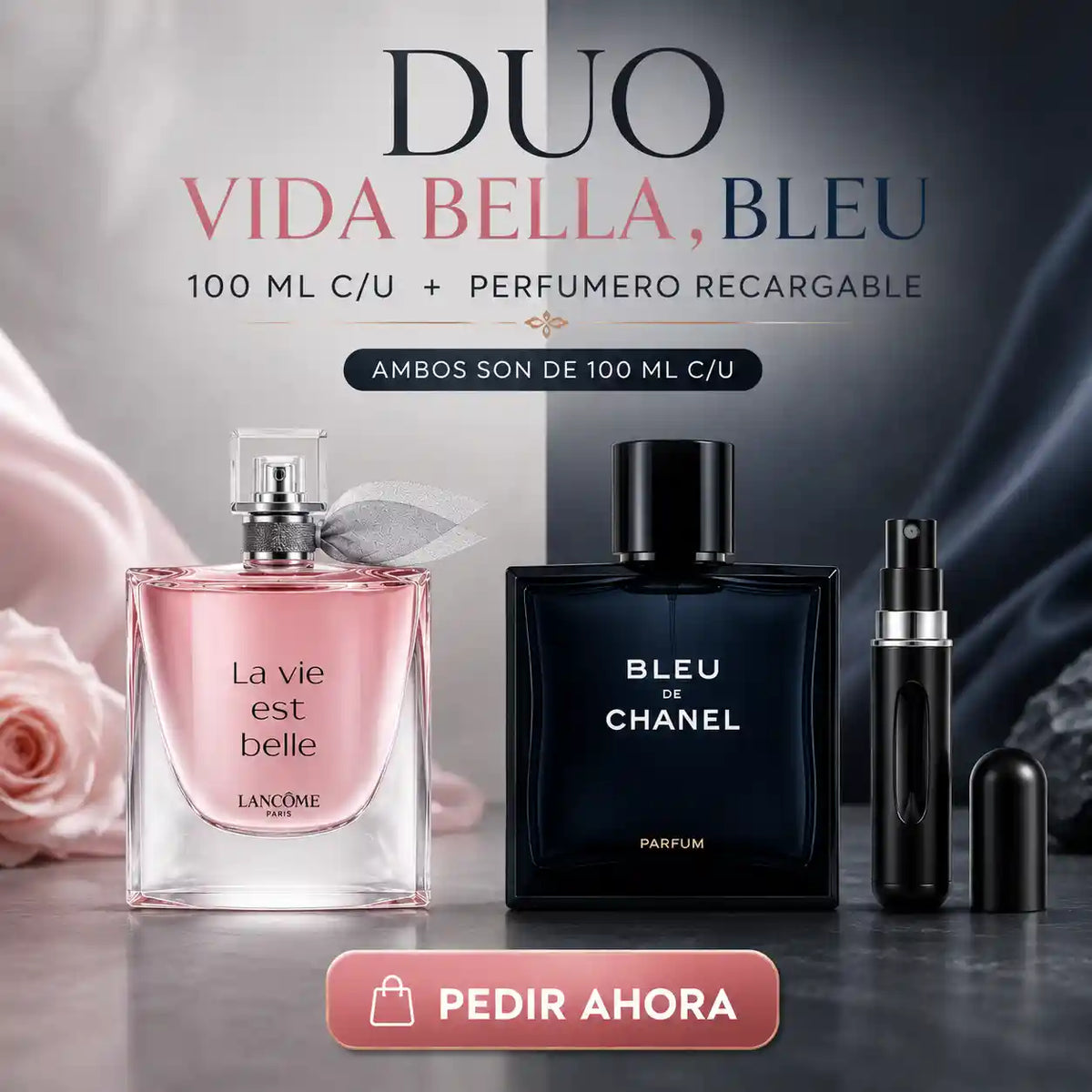 PROMO DUO (2 PERFUMES VIDA BELLA ,BLEU CHANEL )100 ML + PERFUMERO RECARGABLE